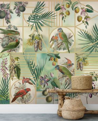 Grüne und braune Papageien in verschiedenen Rahmen auf neutralem Hintergrund