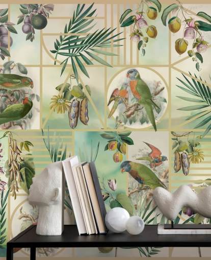 Green and brown parrots in various frames on a neutral background