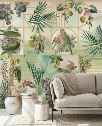 Green and brown parrots in various frames on a neutral background