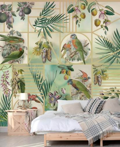 Green and brown parrots in various frames on a neutral background