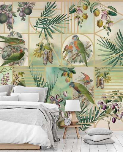 Green and brown parrots in various frames on a neutral background Green and brown parrots in various frames on a neutral background