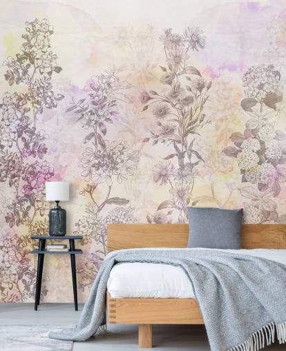 Getekende bloemenstrepen gekleurd met pastelroze aquareltinten Getekende bloemenstrepen gekleurd met pastelroze aquareltinten