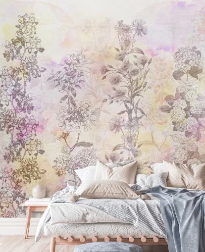 Tegnet blomsterstrimler farvet med pastel pink akvarel toner Tegnet blomsterstrimler farvet med pastel pink akvarel toner
