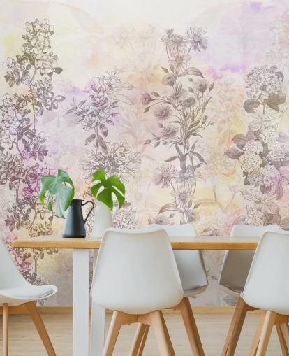 Tegnet blomsterstrimler farget med pastellrosa akvarelltoner