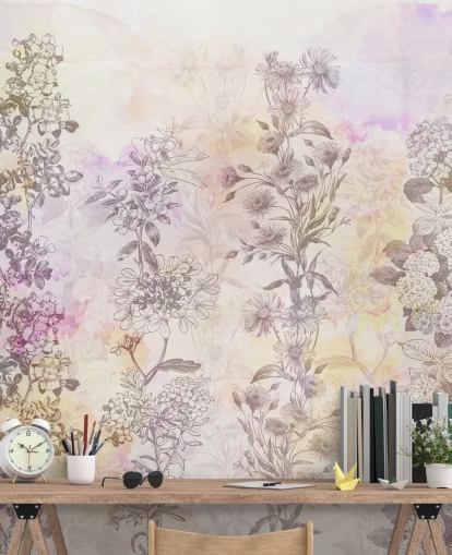 Tiras florales dibujadas coloreadas con tonos de acuarela rosa pastel