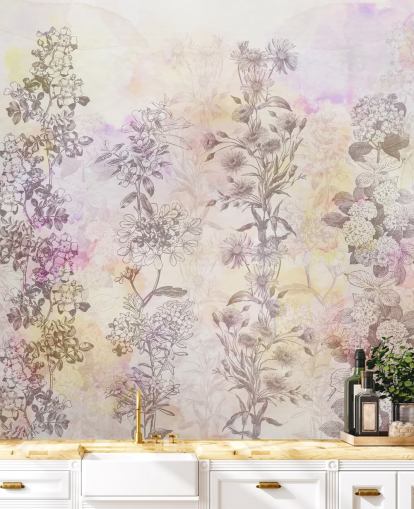 Getekende bloemenstrepen gekleurd met pastelroze aquareltinten