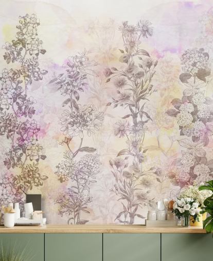 Bandes florales dessinées colorées dans des tons d'aquarelle rose pastel