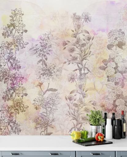 Drawn floral strips coloured with pastel pink watercolour tones