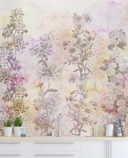 Tegnet blomsterstrimler farvet med pastel pink akvarel toner Tegnet blomsterstrimler farvet med pastel pink akvarel toner