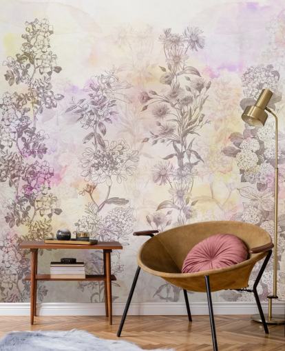 Tegnet blomsterstrimler farget med pastellrosa akvarelltoner