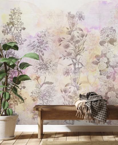 Drawn floral strips coloured with pastel pink watercolour tones