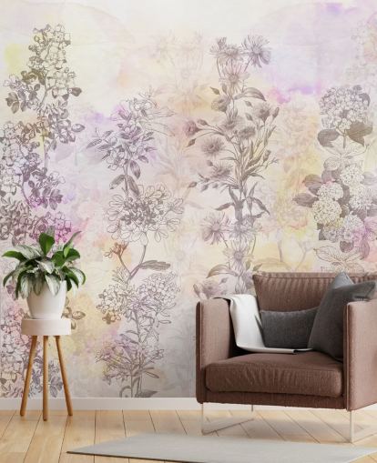 Drawn floral strips coloured with pastel pink watercolour tones