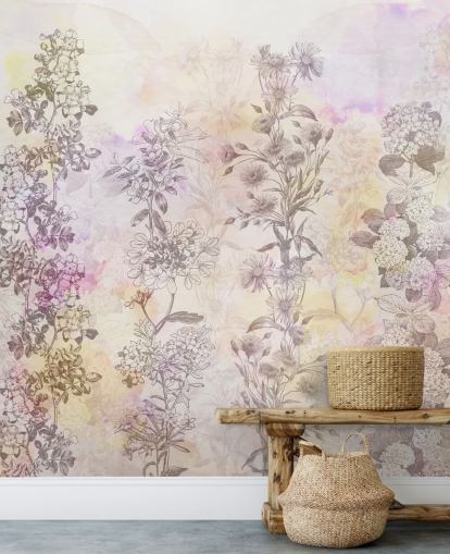 Drawn floral strips coloured with pastel pink watercolour tones