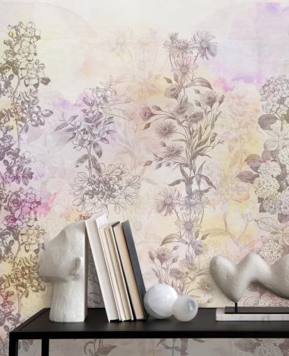 Tiras florales dibujadas coloreadas con tonos de acuarela rosa pastel