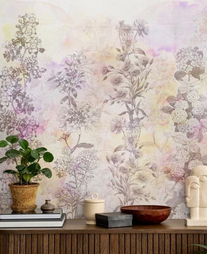 Ritade blommiga remsor färgade med pastellrosa akvarelltoner