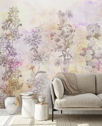 Tegnet blomsterstrimler farget med pastellrosa akvarelltoner
