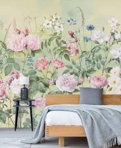 Pastel pink and white flowers on a cream background