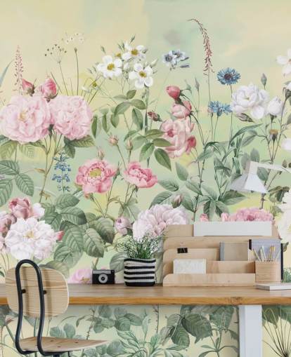 Pastel pink and white flowers on a cream background