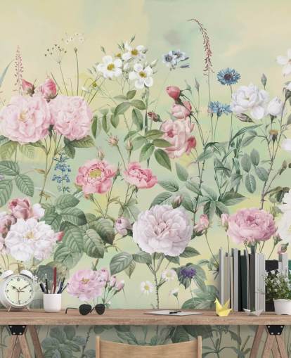 Pastel pink and white flowers on a cream background