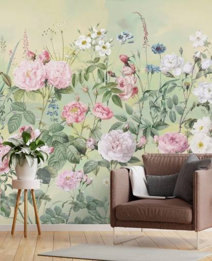 Pastel pink and white flowers on a cream background