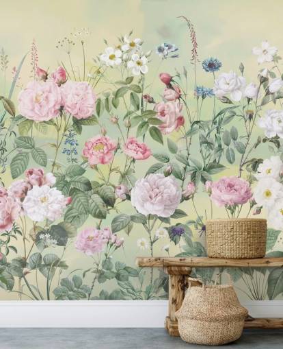 Pastel pink and white flowers on a cream background