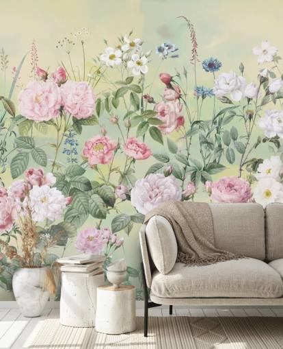 Flores rosa e brancas pastel em um fundo creme