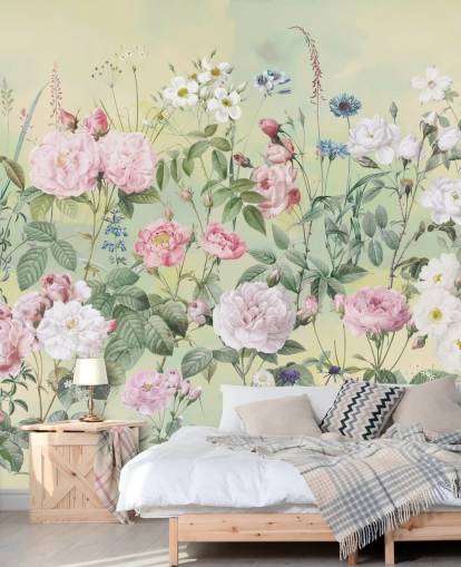 Pastel pink and white flowers on a cream background