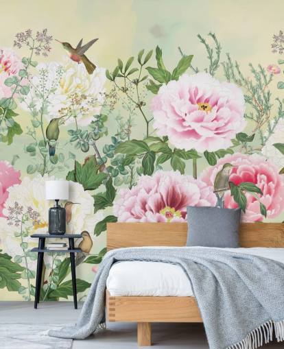 Large Pink Flowers With Birds on a Cream Background Large Pink Flowers With Birds on a Cream Background