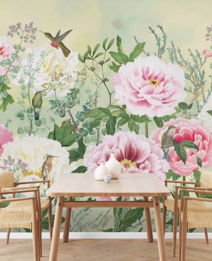 Large Pink Flowers With Birds on a Cream Background