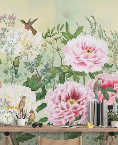 Large Pink Flowers With Birds on a Cream Background