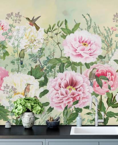 Large Pink Flowers With Birds on a Cream Background Large Pink Flowers With Birds on a Cream Background