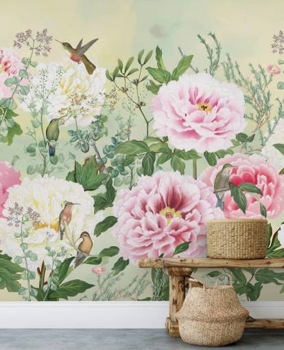 Large Pink Flowers With Birds on a Cream Background