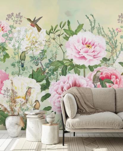 Large Pink Flowers With Birds on a Cream Background