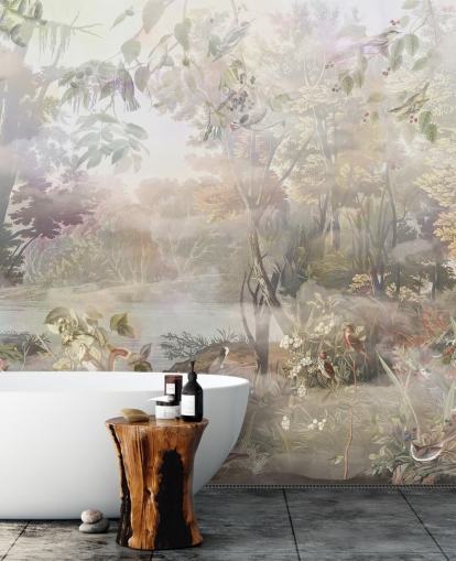 Muted green and brown watercolor forest with forest animals