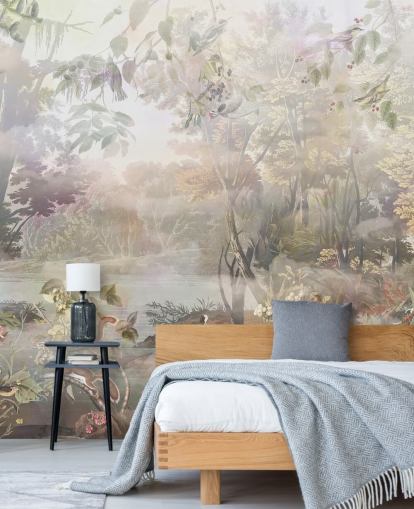 Muted green and brown watercolor forest with forest animals Muted green and brown watercolor forest with forest animals