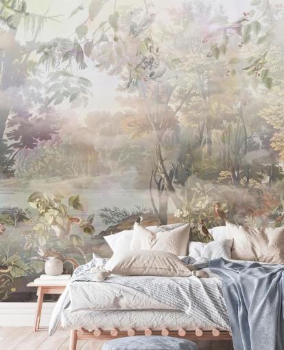 Muted green and brown watercolor forest with forest animals