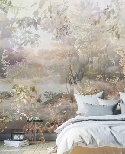 Muted green and brown watercolor forest with forest animals