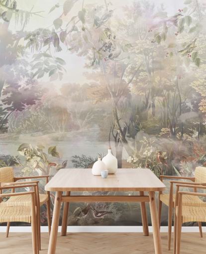 Muted green and brown watercolour forest with forest animals