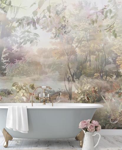 Muted green and brown watercolour forest with forest animals