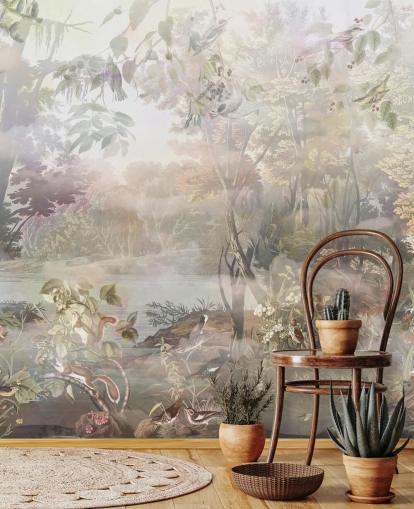 Floresta de aquarela verde e marrom suave com animais da floresta