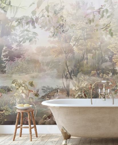 Muted green and brown watercolor forest with forest animals