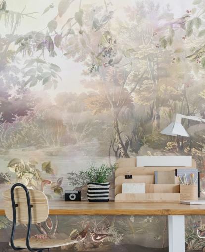 Muted green and brown watercolour forest with forest animals