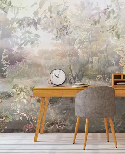 Forêt d'aquarelle verte et brune feutrée avec des animaux de la forêt