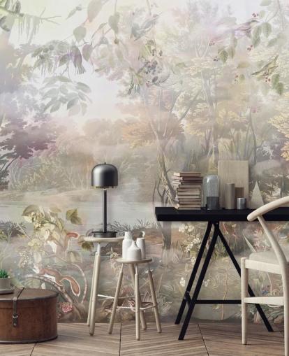 Floresta de aquarela verde e marrom suave com animais da floresta