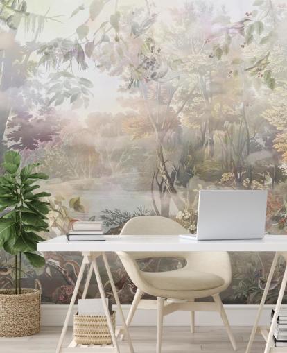 Muted green and brown watercolor forest with forest animals