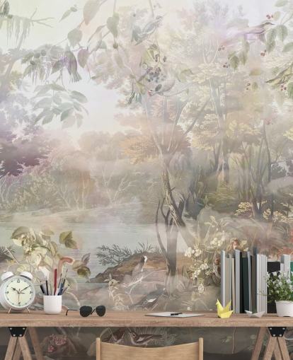 Foresta ad acquerello verde e marrone attenuata con animali della foresta