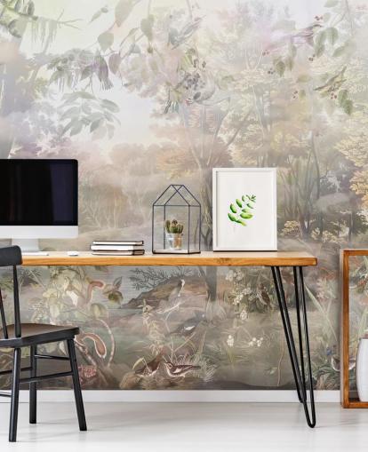 Muted green and brown watercolour forest with forest animals