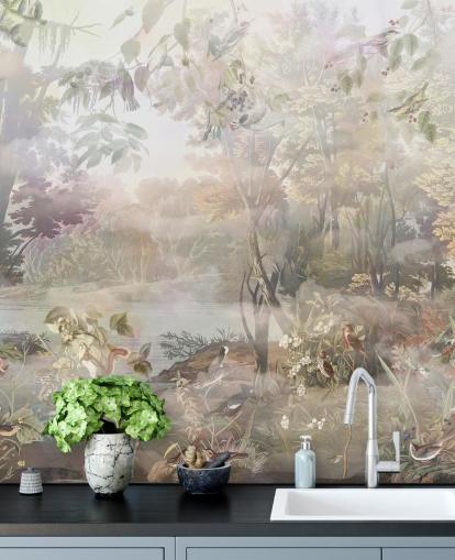 Muted green and brown watercolour forest with forest animals