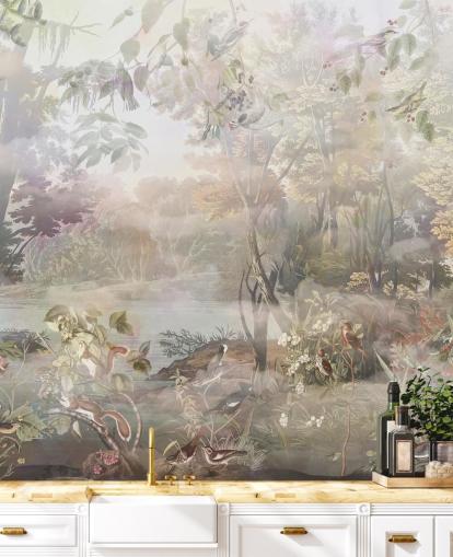 Muted green and brown watercolour forest with forest animals