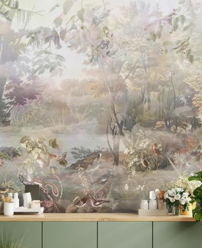 Muted green and brown watercolor forest with forest animals